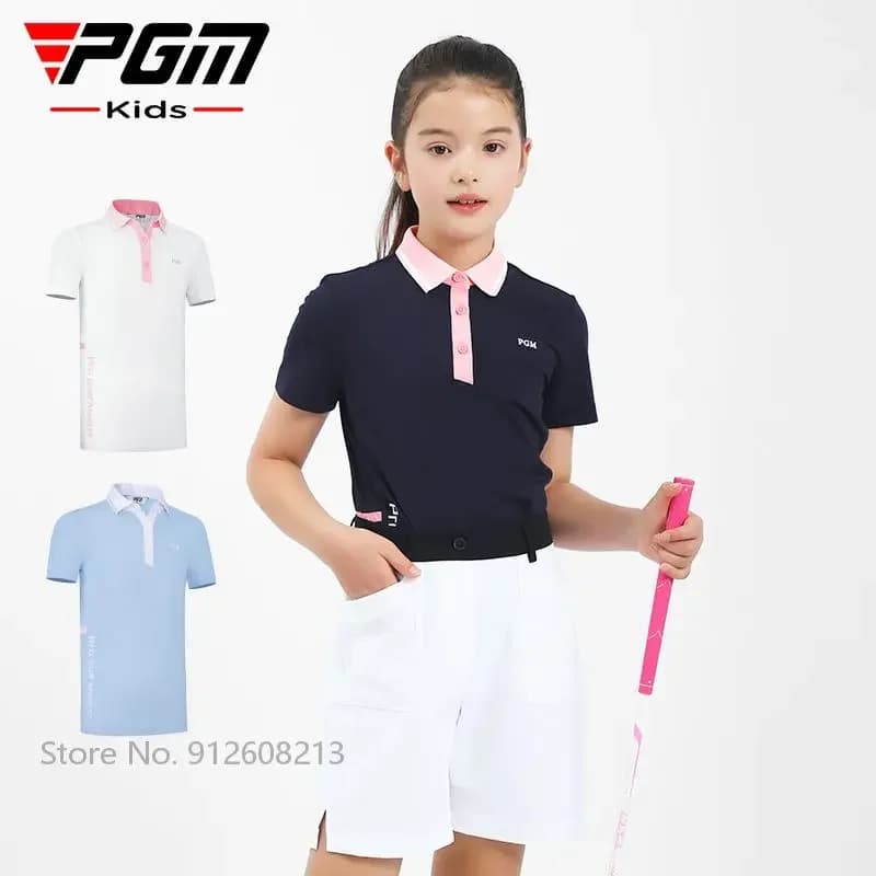 PGM Bambini Estate Outdoor Golf Abbigliamento sportivo Ragazze T-shirt da golf a maniche corte Bambini Top elastici morbidi Camicia con colletto rovesciato S-XL