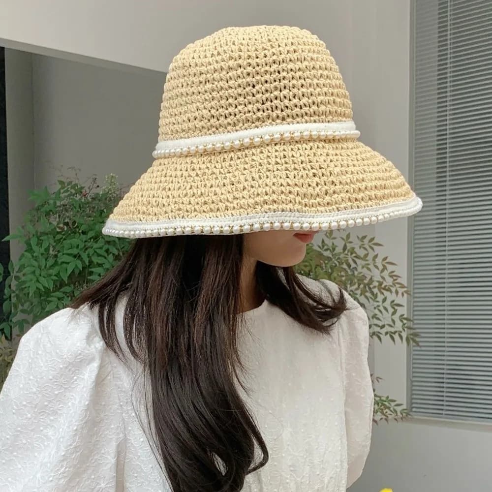 Cappello da Sole Donna alla Moda con Perle, Cappello da Pescatore in Paglia Intrecciata Tinta Unita, Visiera Parasole Stile Coreano, Cappello a Secchiello per Vacanze