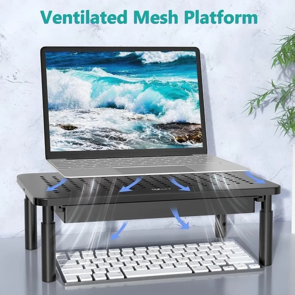 Multi-use Adjustable Computer Monitor Stand Heightening Metal PC Monitor Holder with Storage Drawer Laptop Cooling Bracket