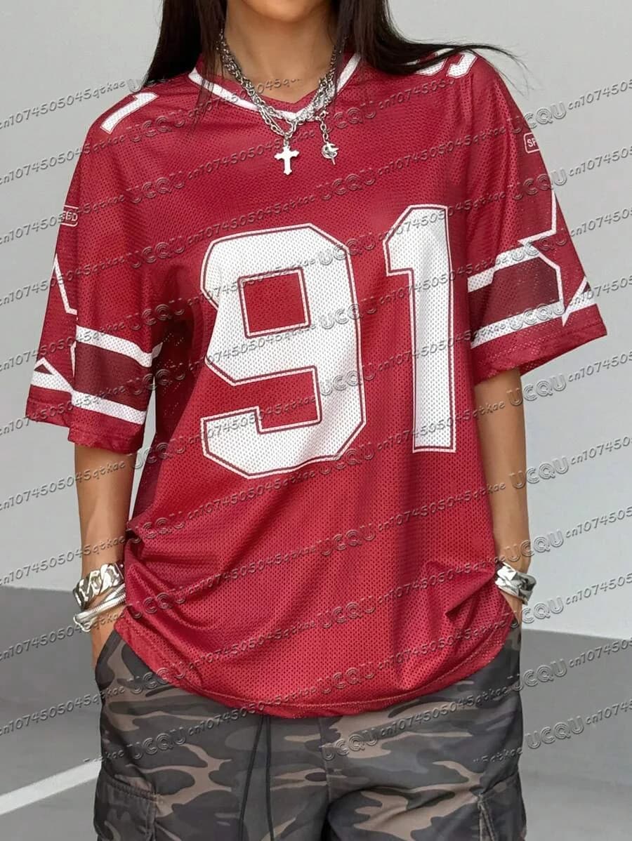 T-shirt estiva da donna in jersey di maglia rinfrescante con 23 stampa digitale a maniche corte ampia e sexy versatile da strada Top da donna