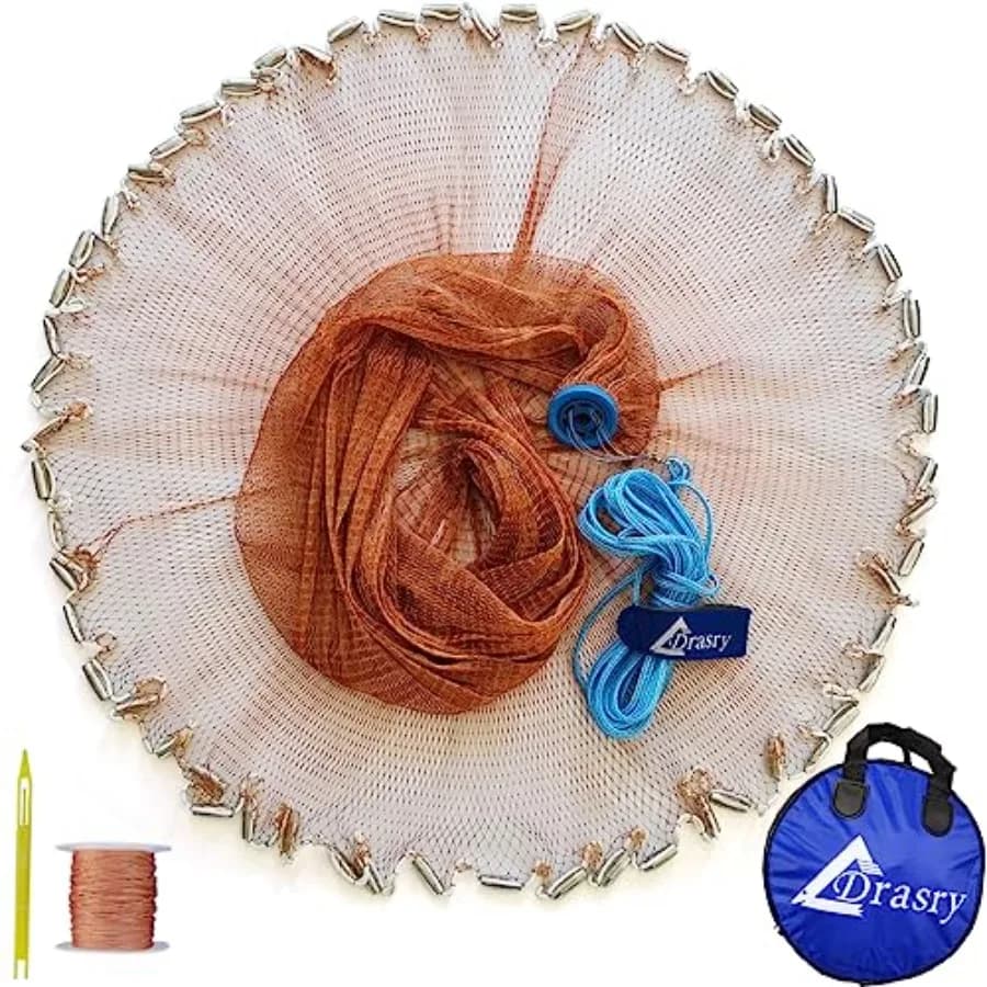 Saltwater American Fishing Cast Net 3/8inch Mesh Size for Bait Shrimp Trap Fish Heavy Duty Sinkers Throw Net