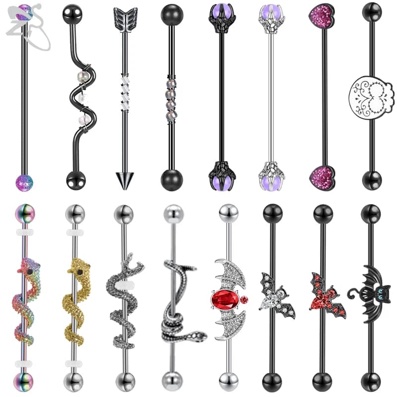 ZS 1PC 14g Stainless Steel Long Industrial Piercing Snake Bat CZ Crystal Ear Stud Black Ear Tragus Cartilage Helix Piercing 38MM