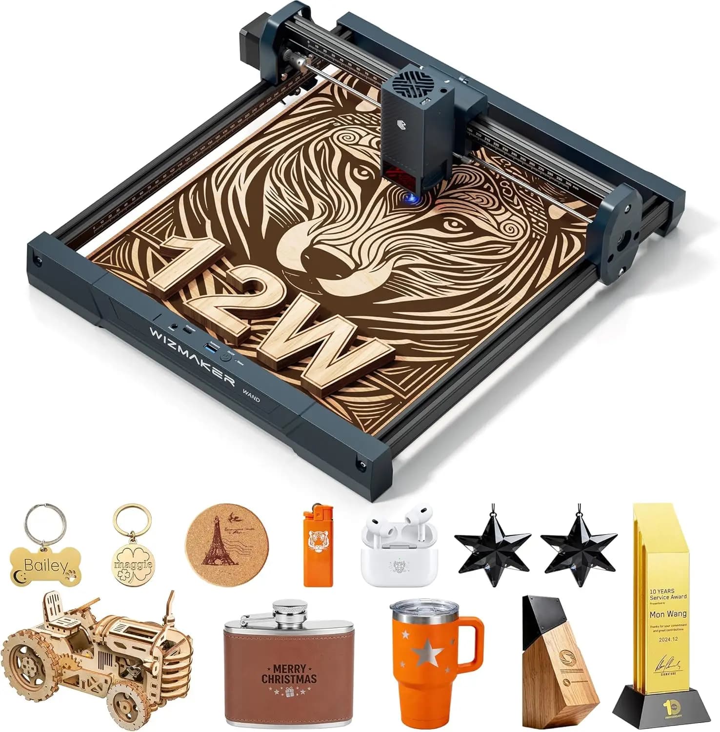 Incisore Laser 12000mW Compatto da Tavolo con Area di Lavoro 300×300mm per Legno, Acrilico, Metallo, Fai-da-Te, Piccole Imprese, STEM, Maker