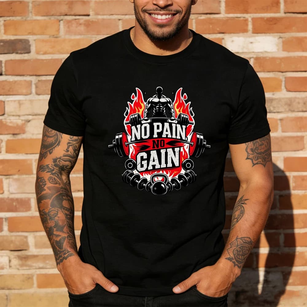 Muscular Silhouette Flames Barbells No Pain No Gain Text Kettlebells Dumbbells Black Crew Neck Short Sleeve Fitted Gym T-Shirt
