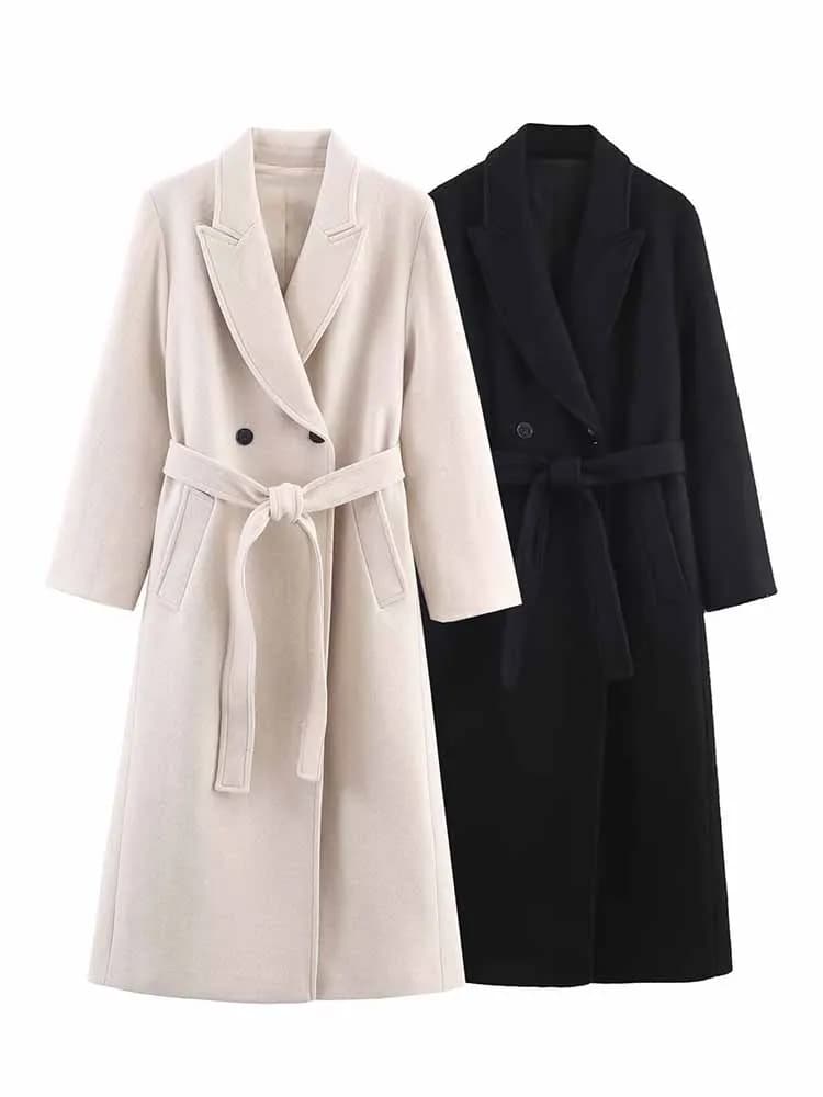 HH Woman Winter Fashion Blended Fabrics Belt Double Breasted Lapel Long Sleeves Overcoat Female Commuting Versatile Long Coat