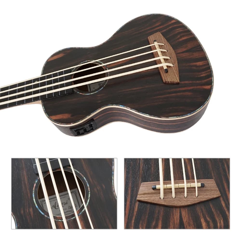 Aiersi Ukulele Basso Elettrico Fretless Personalizzato con Corpo in Ebano di Giava, Strumento a Corda Portatile per Viaggi, Palco e Concerti