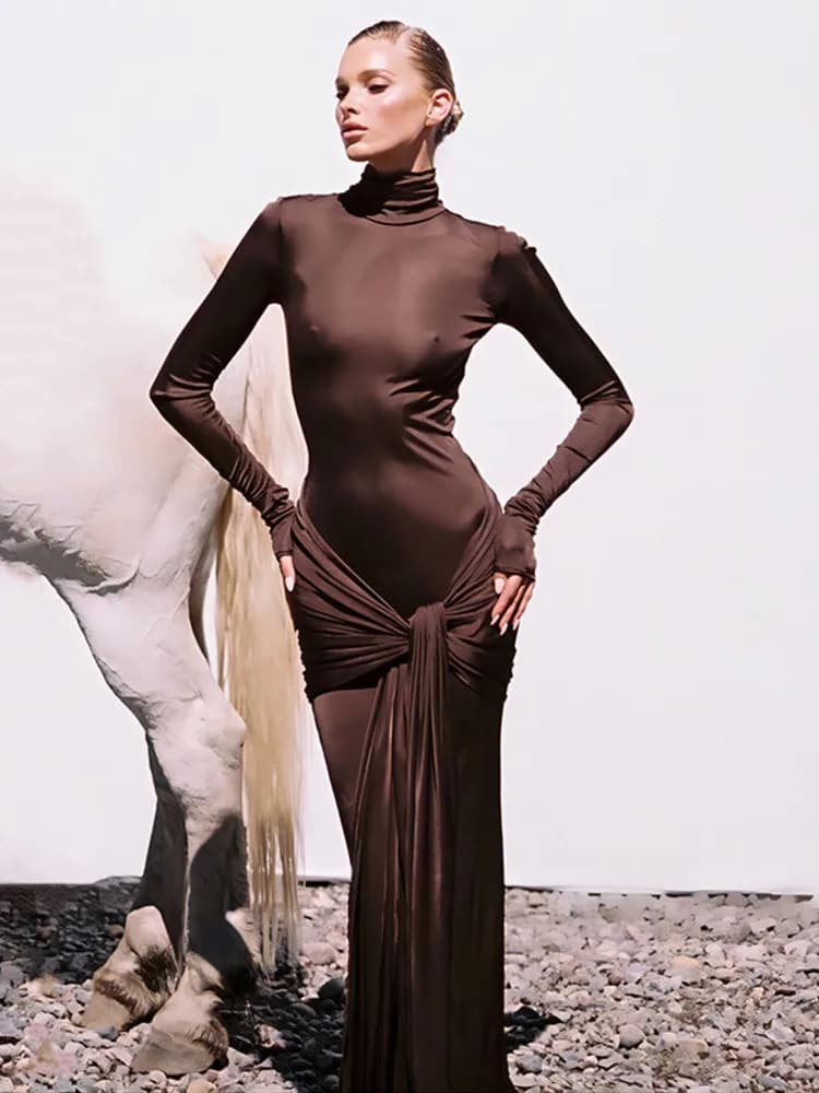 Mozision Abito lungo a maniche lunghe con collo alto per donna Abito lungo aderente irregolare alla moda Abito da sera con temperamento femminile
