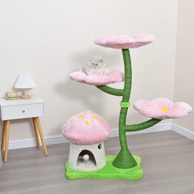 Tiragraffi per gatti con fiori, struttura da arrampicata, casa sull'albero, torre moderna di lusso, tiragraffi, alberi per gatti e tiragraffi, alberi per gatti in legno