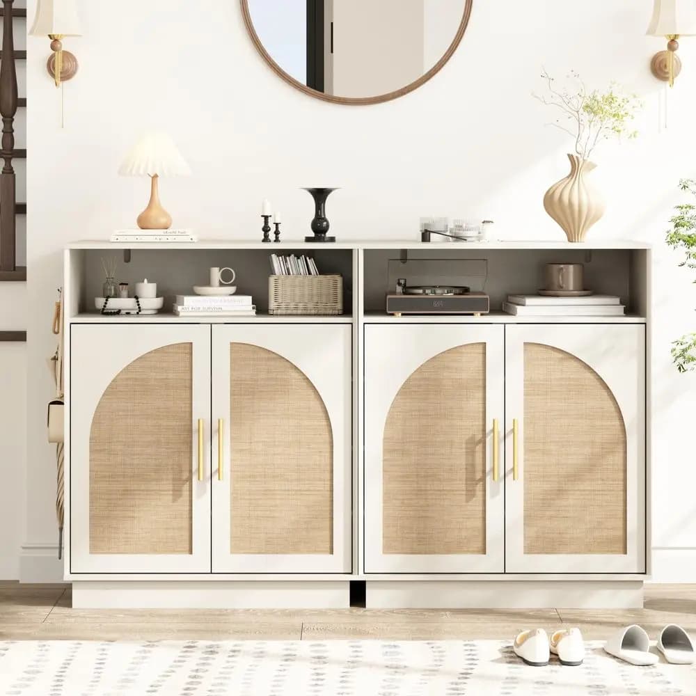 Set di 2 Armadietti Portascarpe in Rattan con 2 Ante Arcuate, Organizzatore per Scarpe a 5 Ripiani in Legno con Mensole Regolabili, Stile Rustico Boho