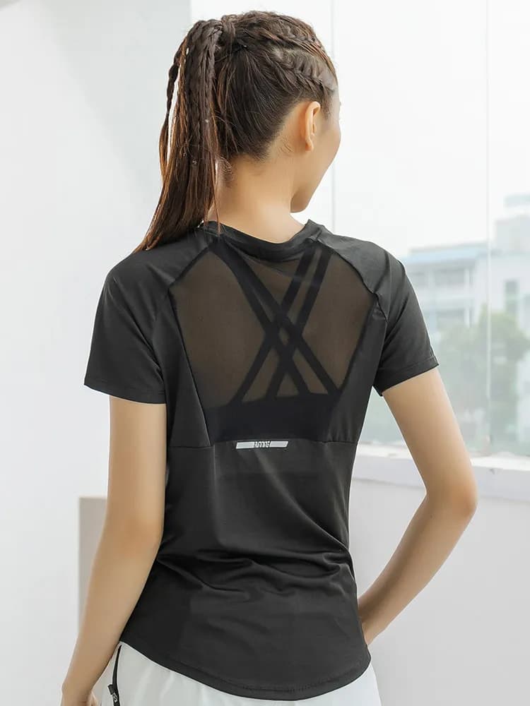 T-shirt sportiva estiva da donna a maniche corte in mesh, ad asciugatura rapida, traspirante, slim fit, elastica, per yoga, allenamento e corsa