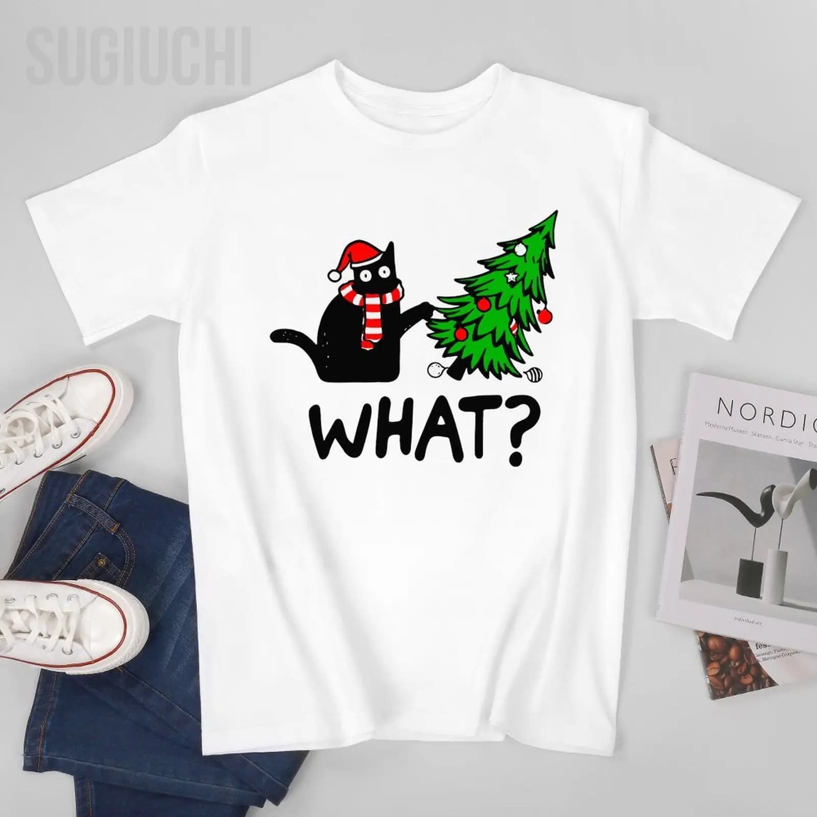 Unisex Uomo Divertente Gatto Nero Regalo Spingendo l'albero di Natale Sopra il gatto Cosa Tshirt Tees T-shirt Donna Ragazzi T-shirt in cotone 100%