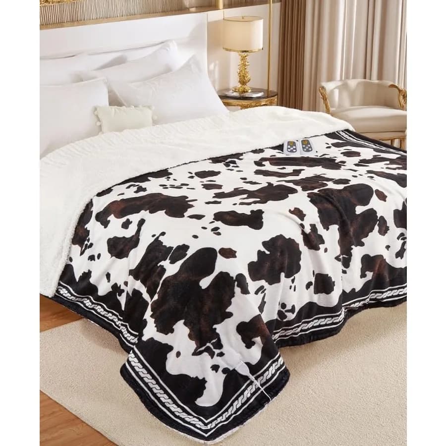 Coperta elettrica riscaldata King Size con doppio controller LCD Coperte riscaldanti con stampa mucca 10 livelli di calore e impostazioni di tempo 1-12 ore ET