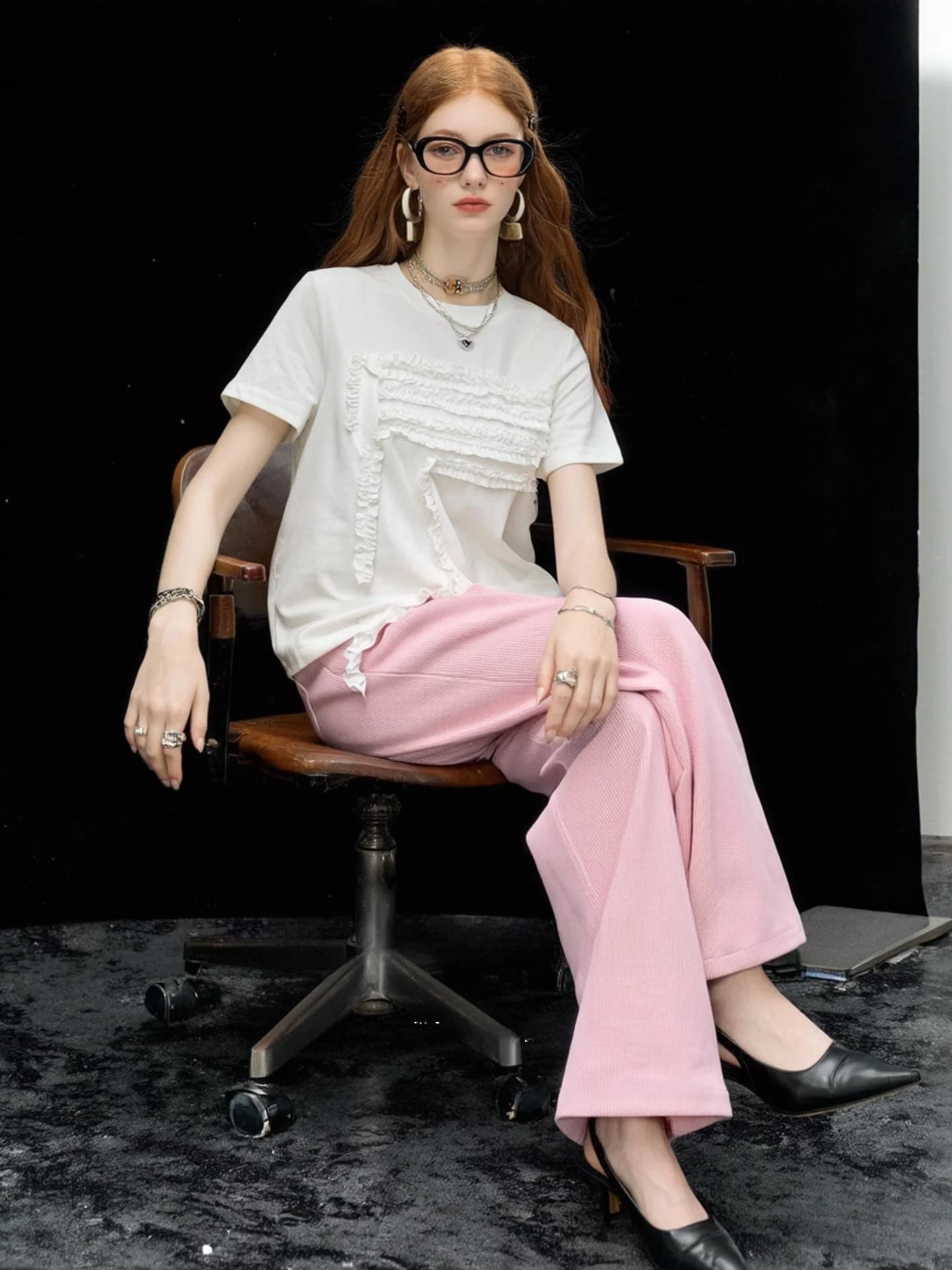 Huaappuw Summer New Style Ruffle Lace round Neck Short Sleeve T-Shirt French Style Standard Fit Tourist Commute Daily Ladies Top