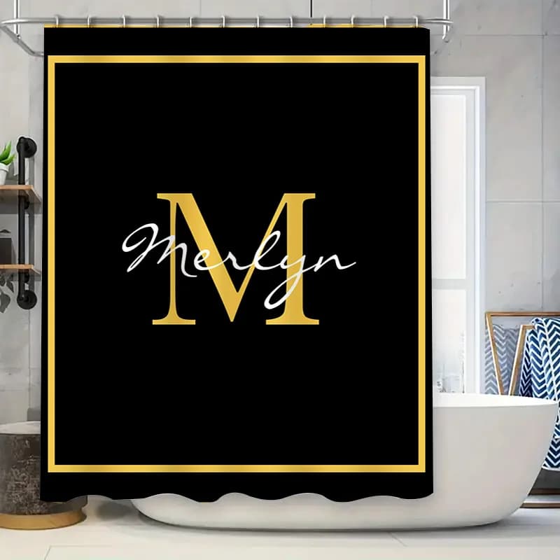 Tenda da doccia con monogramma iniziale con nome personalizzato in oro nero personalizzabile per l'arredamento del bagno Articolo di decorazioni per la casa di lusso
