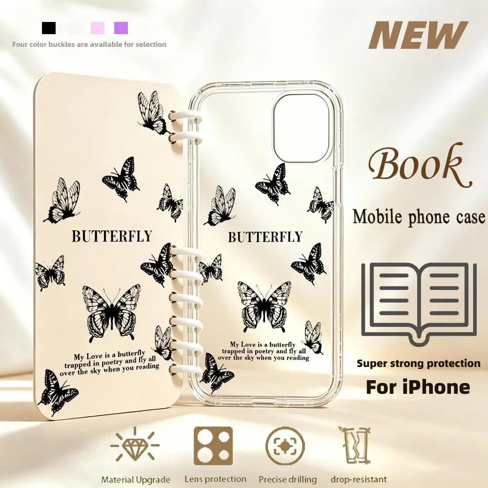 Sketch butterfly notebook Book-style All-inclusive phone case for iPhone 17、16、15、14、13、12pm Pro Plus Double-sided Dropresistant