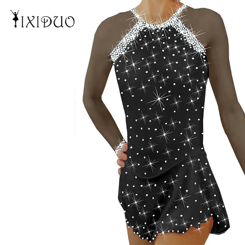 Ice Figure Skating Dress Girls Youth nero a maniche lunghe Spandex Kids Competition Ballroom Dance Gym gonna all'ingrosso muslimah