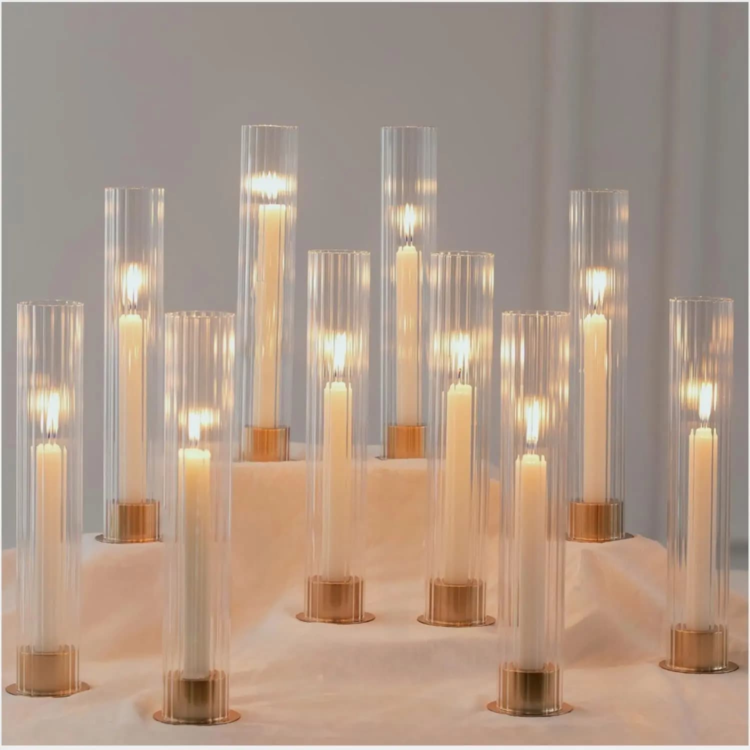 Metal Base Vertical Stripe Glass Candle Holder Set – Painted Gold Finish, 5 cm × 30 cm (1.97 × 11.81 in), 10 pcs per Set, Elegan