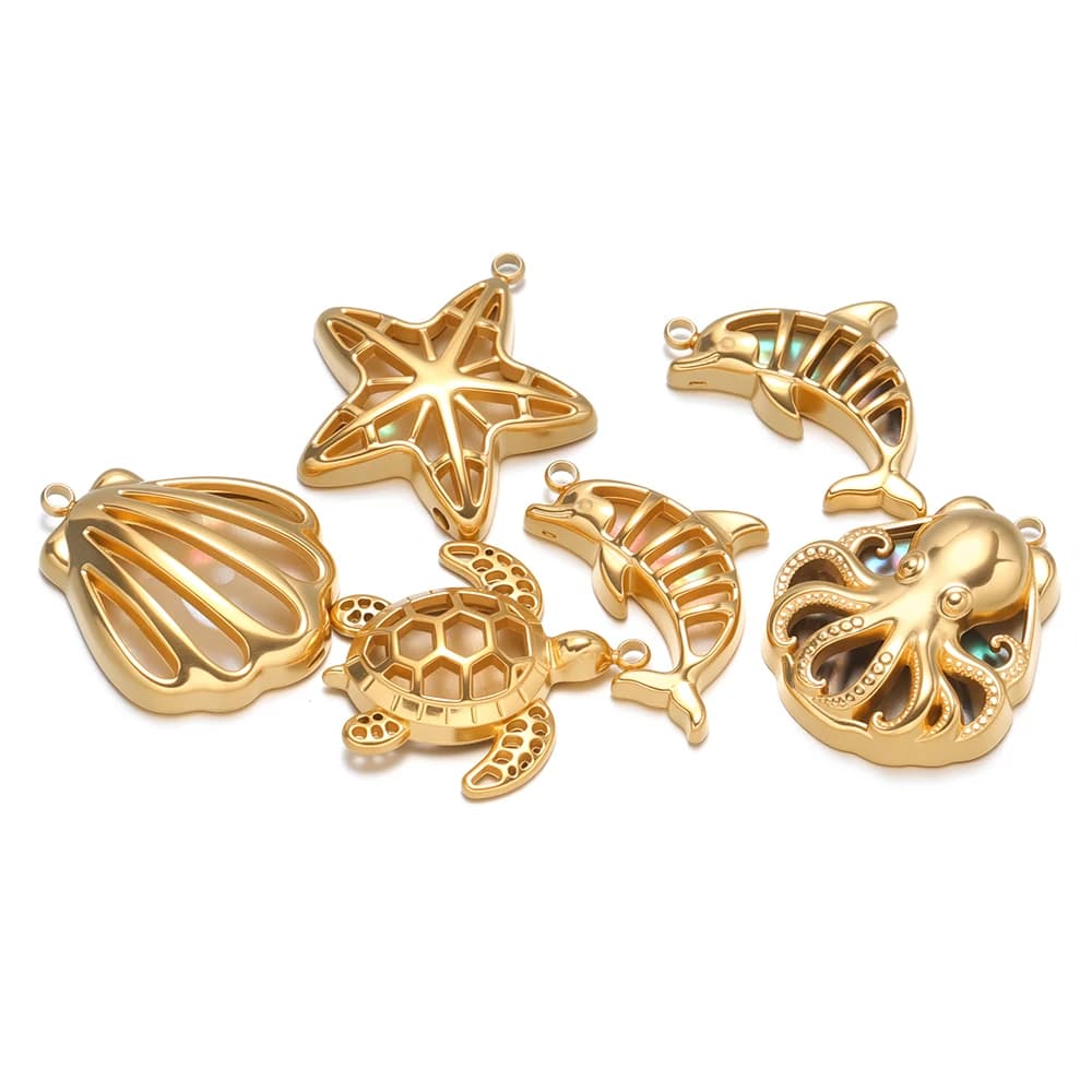 3pcs Stainless Steel Hollow Shell Starfish Turtles Dolphin Octopus Charms DIY Jewelry Necklace Pendant Findings Earrings Making