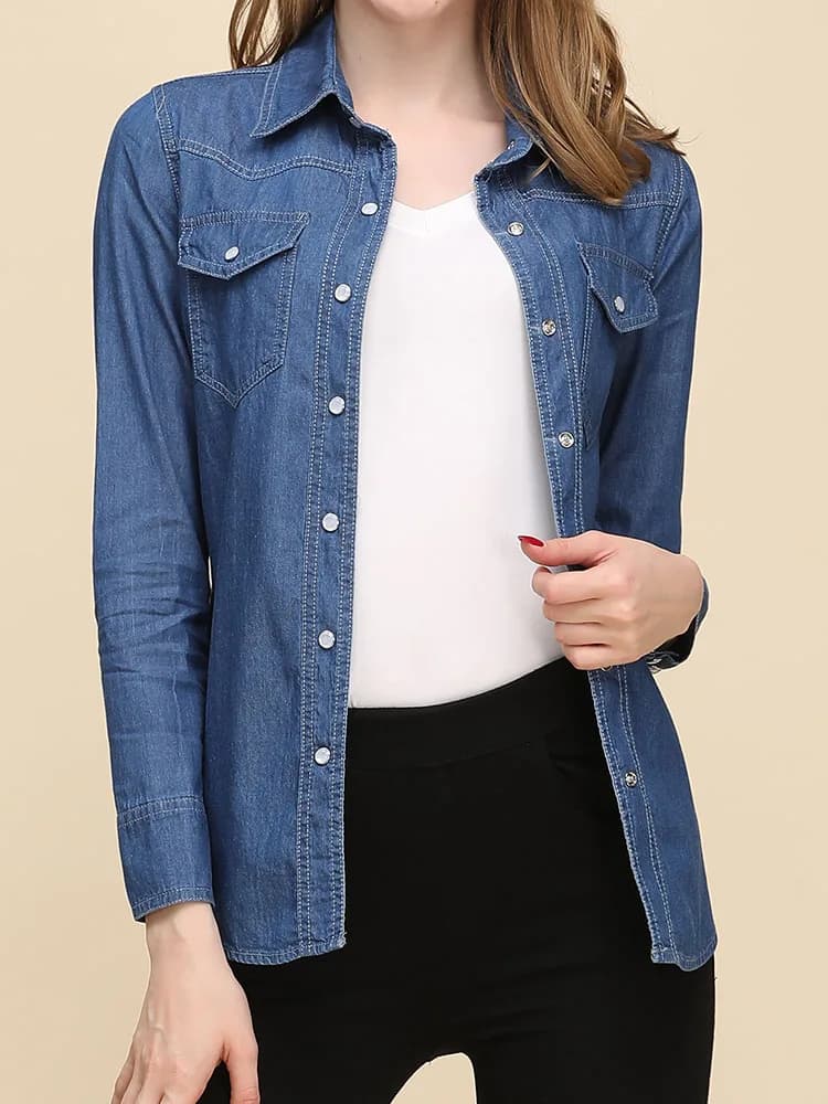 Spring 2026 New jeans shirts and blouses for women Top long sleeves Korean style Blue or blue sky Jeans color elegant shirts
