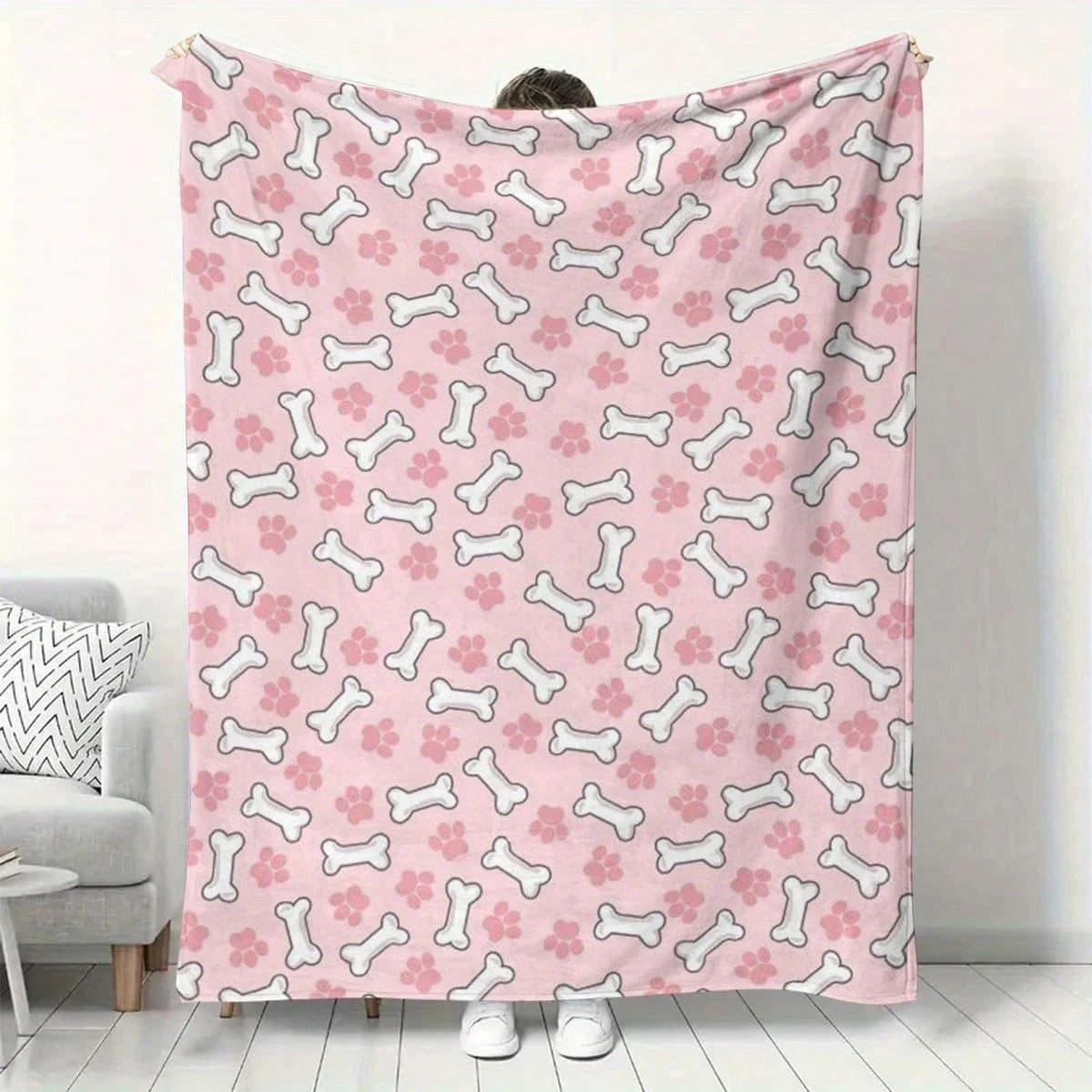 Coperta in flanella rosa con stampa 2D a forma di osso di zampa, morbida e accogliente, ideale per camera da letto, soggiorno, divano, accessorio regalo.