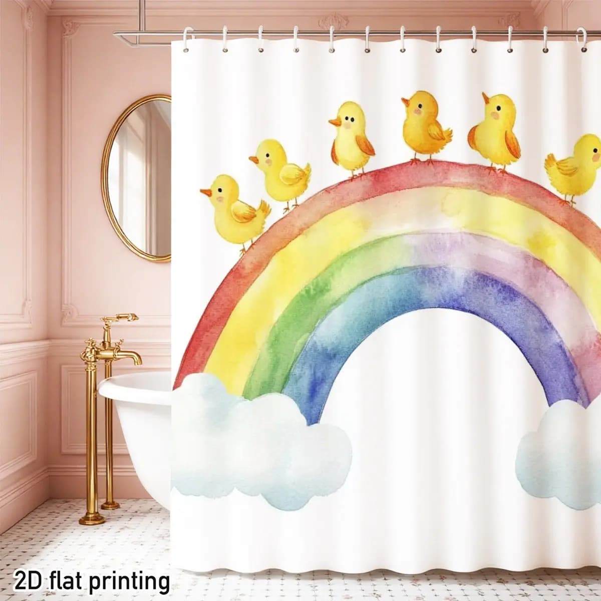 Tenda da doccia decorativa per bagno dei bambini, in tessuto poliestere, con stampa piatta 2D, arcobaleno, anatra, nuvola, acquerello