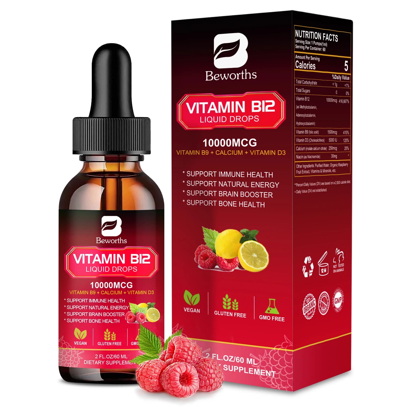 Beworths Vitamin B12 Goccia with vitamin B9 and D3, calcium, Niacin increases the immune system support brain, heart and cardiovascular health