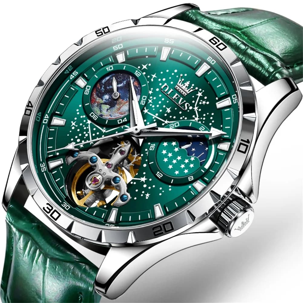 Top Brand Tourbillon Orologio da uomo Impermeabile Sport Orologio da polso militare da uomo Business Orologio automatico da uomo in pelle verde Reloj Hombre