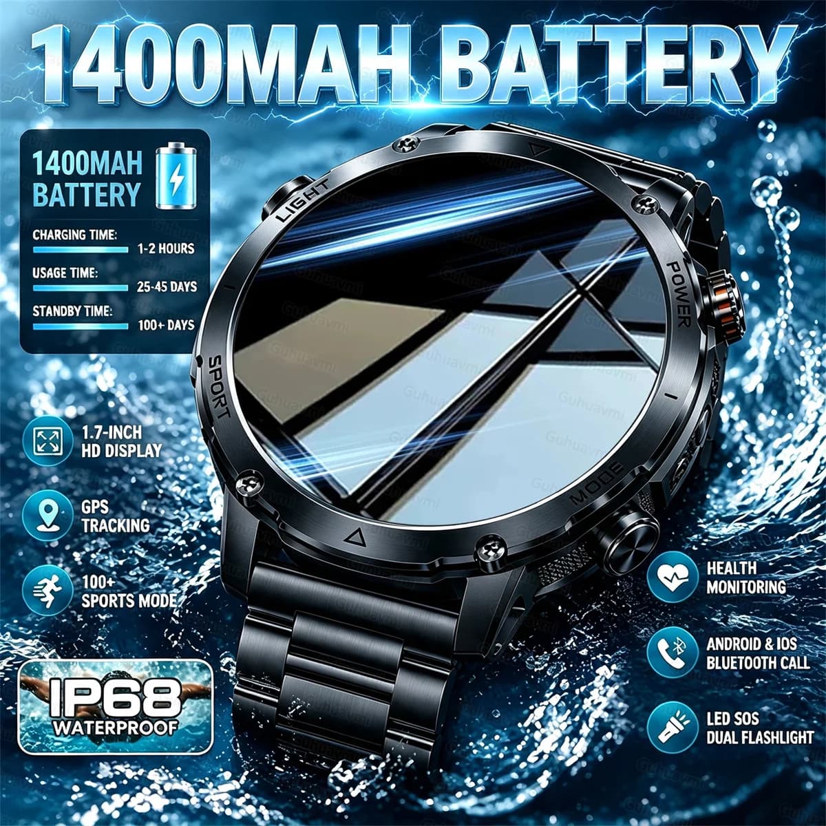 2026 Sapphire Rugged Outdoor Smartwatch for Men 1400mAh 10ATM Waterproof Fitness Tracker HD Call 100+ Sport Mode Smart Watch Man