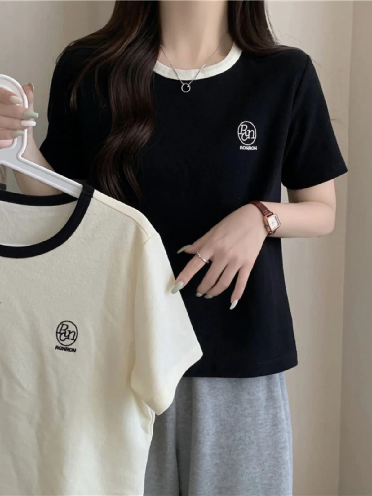Slim Fit Short Sleeve T-Shirt Women's Summer Cotton Embroidered Top Color Block Base Shirt Trendy round Neck Casual Style