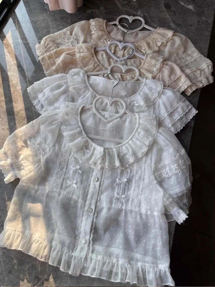 Chiffon Shirts Japanese Sweet Lolita Woman Vintage Cute Volant Lace Sleeves Short Shirts Girls Kawaii Volant Collar Top