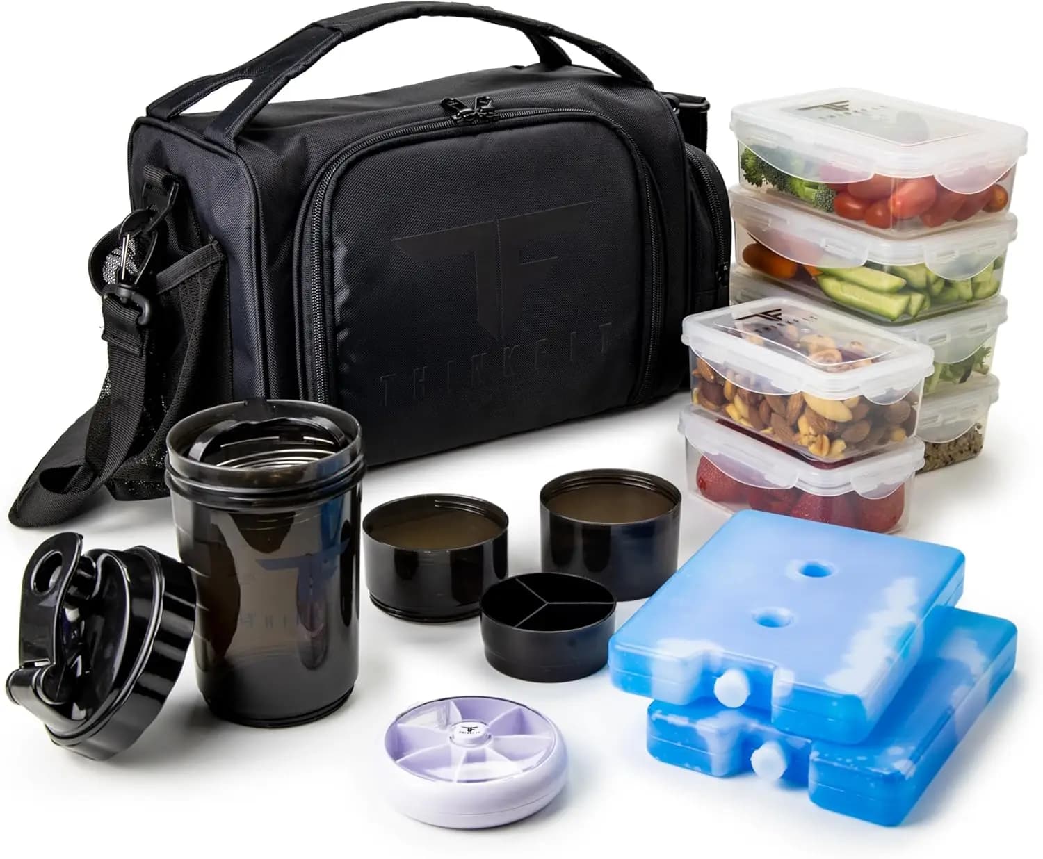 Contenitore Termico per Pranzo con 6 Contenitori Senza BPA, Shaker, Porta Pillole, Nero