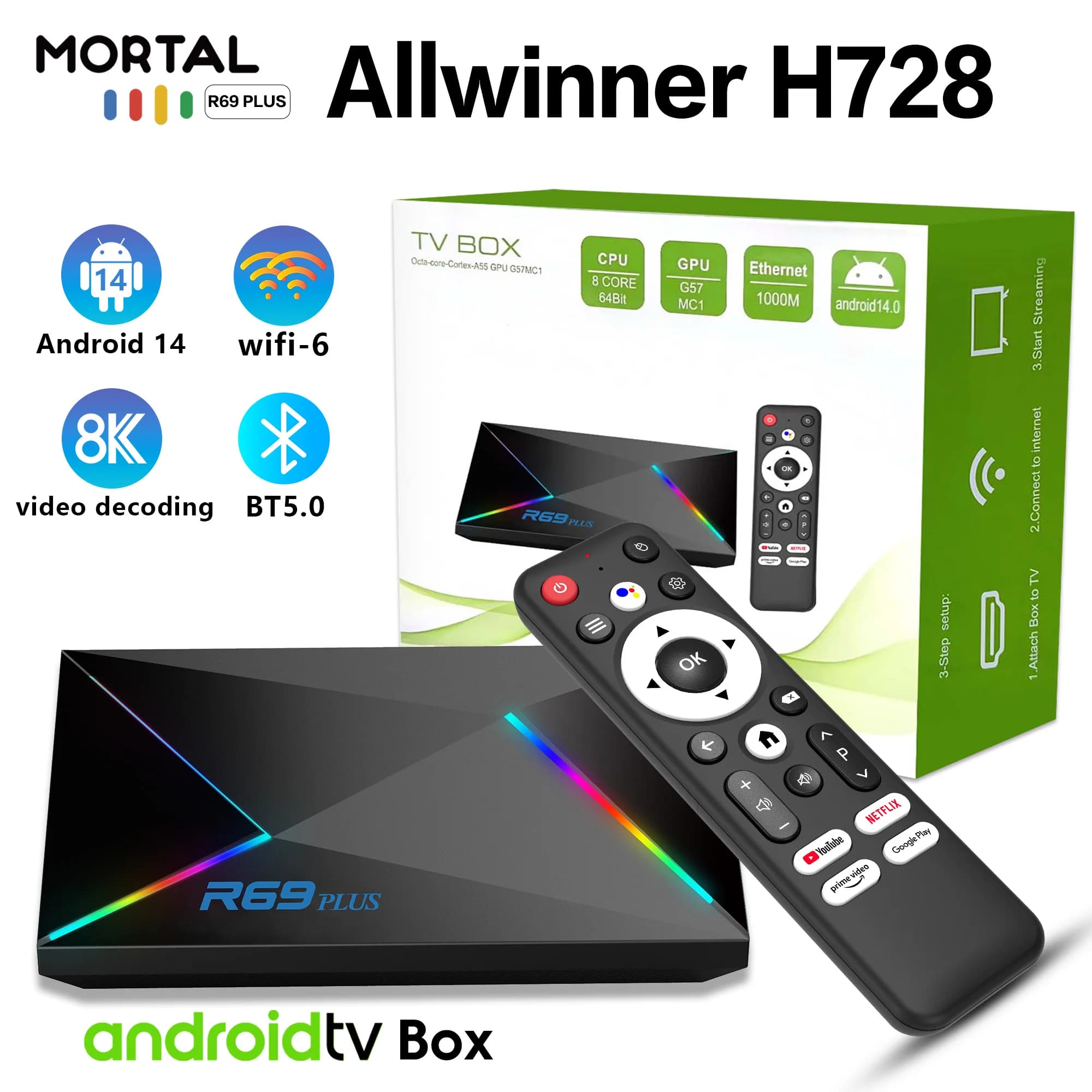 R69 Plus TV Box Android 14 OS Allwinner H728 Octa-Core WiFi 6 HD 8K Media Player 1000M BT5.0 Supporto Telecomando Vocale Set-Top Box