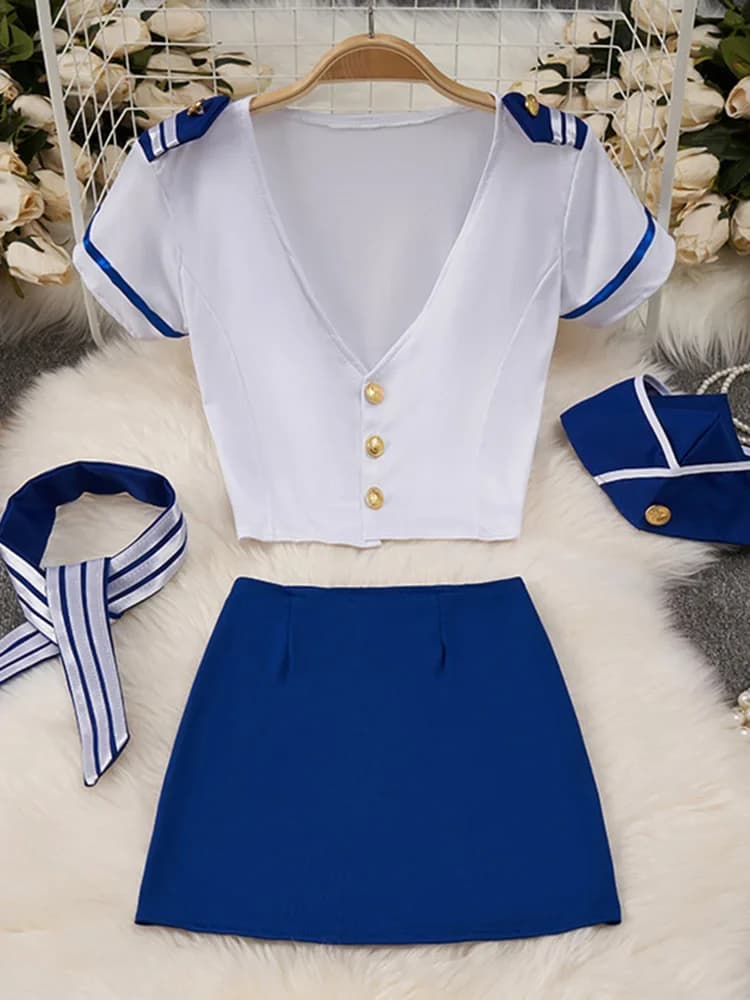 V-Ncek Short Sleeved White T-shirt for Woemn Elastic Waist A-Line Short skirt Set Sexy Office Lady Outfit Uniform Cosplay New