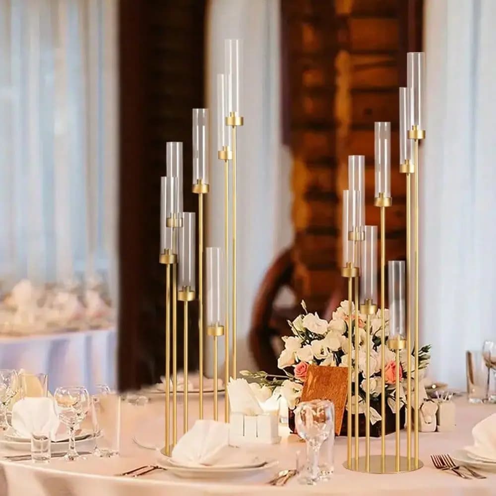 48inch Gold Floor Candle Holders For Wedding,Metal 7 Arm Candelabra For Table Centerpiece,Candle Holder With Acrylic Lampshade