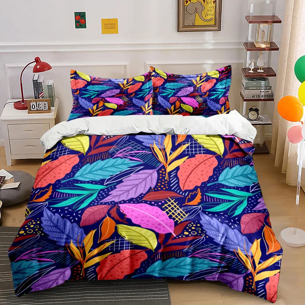 Set di biancheria da letto con stampa di foglie tropicali colorate, 1 copripiumino, 2 federe per adulti e bambini, regalo di lusso, misura completa