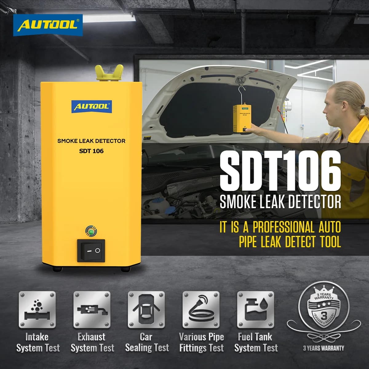 AUTOOL SDT106 OEM Attrezzatura Professionale per Officina Auto, Strumento Diagnostico, Tester per Sistemi di Tubazioni, Rilevatore di Perdite di Fumo Automobilistico