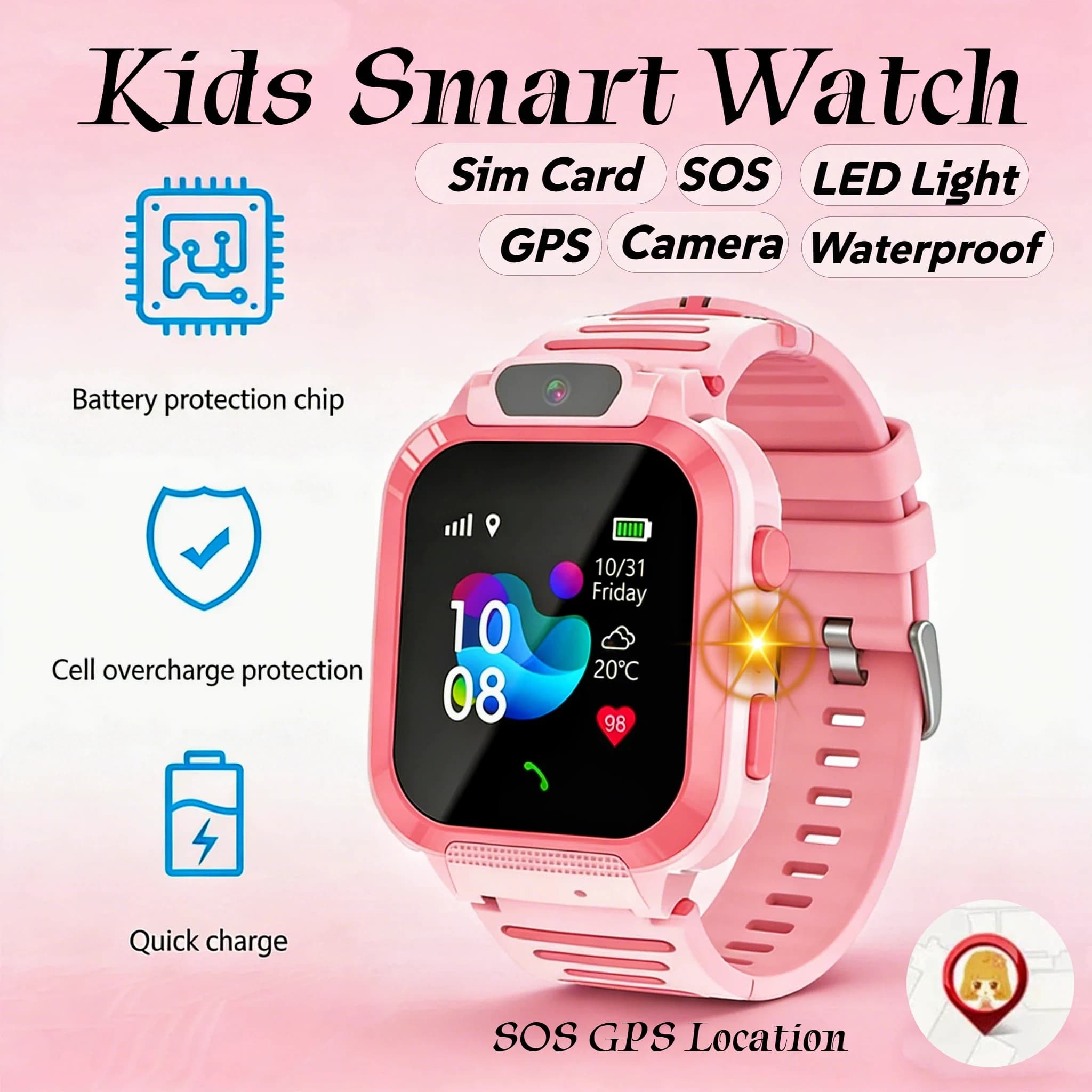 Smartwatch per Bambini con SOS, Localizzatore GPS, Chiamate con Scheda SIM, Fotocamera, Impermeabile, Luce LED per iOS e Android