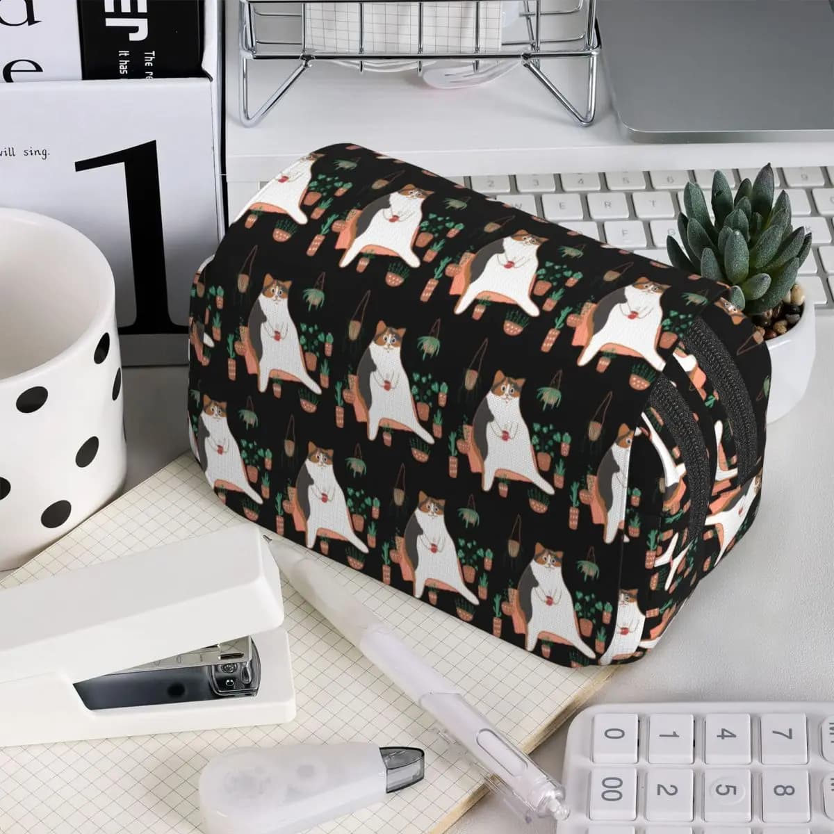 Calico Cat With Pot Plants Cat For Mom Pencil Case for Students School Pen Box Pencil Bag Stationery Supplies Pen Holder Bag