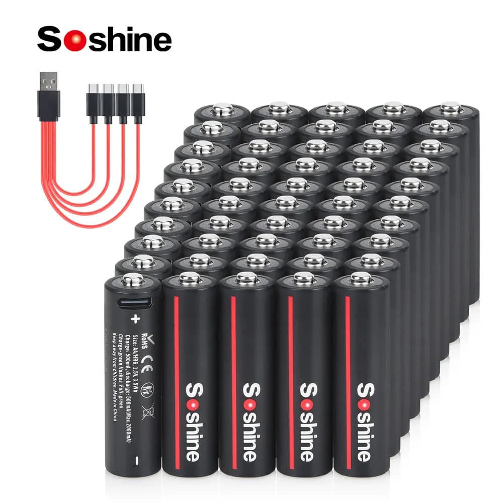 Soshine 50 Batterie Ricaricabili AA 1.5V USB 3500mWh al Litio con Cavo USB 4-in-1 per Rilevatori di Fumo e Macchine da Gioco