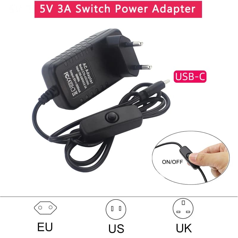 Alimentatore 5V 3A con interruttore ON/OFF Caricatore con spina EU US UK Adattatore di alimentazione USB tipo C per Raspberry Pi 4 Orange Pi Zero 3 / 3B