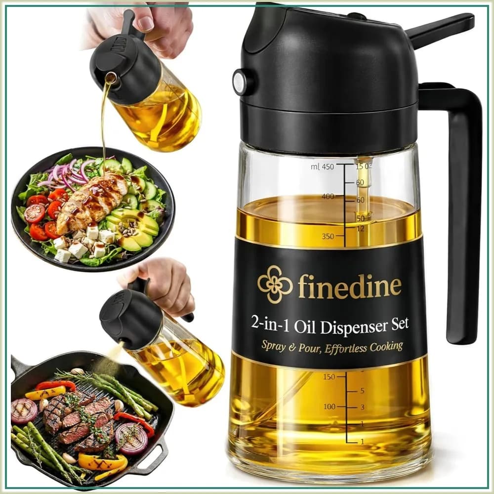 Spruzzatore d'olio 2-in-1: Nebulizzatore e Flusso Continuo, Bottiglia in Vetro da 470ml per Cucina, Friggitrice ad Aria, Insalate, Barbecue, Cottura al Forno – Con Indicatori di Misurazione, Nero