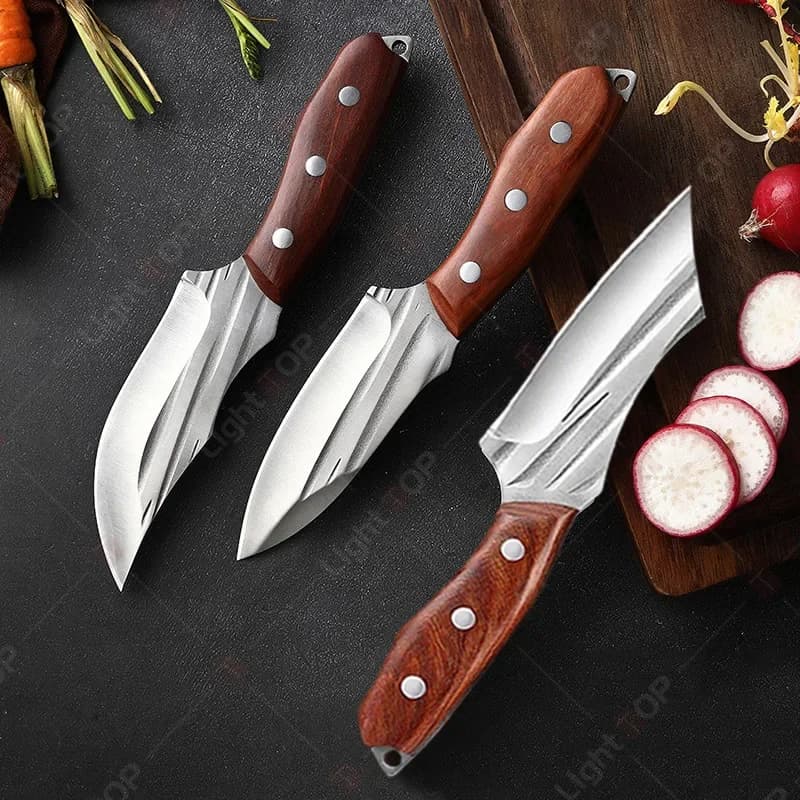Set di Coltelli da Macellaio Forgiati a Mano WXCOO con Tagliere, Coltello da Cucina in Acciaio Inossidabile, Coltello da Disosso con Manico in Legno per Cucinare e Uso Domestico
