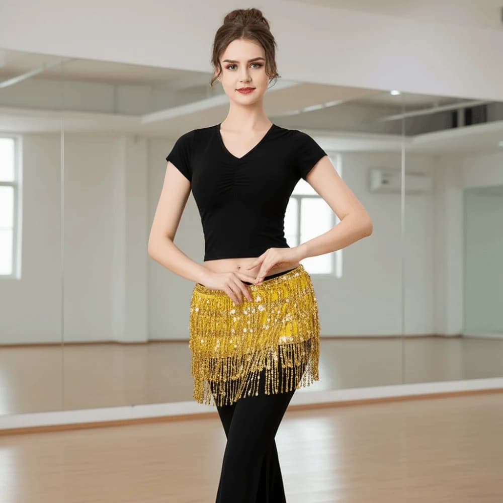Fascia per fianchi con frange a 4 file, cintura per danza del ventre, paillettes metalliche lucide, stile boho, gonna regolabile per performance di danza
