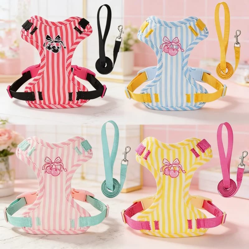 Pettorina per cani con stampa ciliegie e guinzaglio, pettorina regolabile a righe alla moda per cuccioli, gilet morbido per gatti, accessori per animali domestici