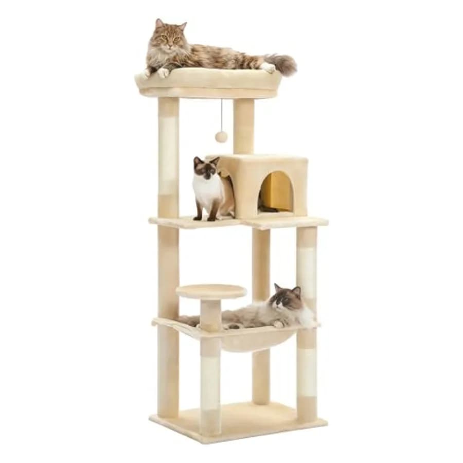 Albero per Gatti di Grandi Dimensioni con Amaca Grande in Metallo e Peluche, Torre per Gatti da 143 cm con Cuccia a 2 Porte, Scaffali a 6 Livelli con Tiragraffi