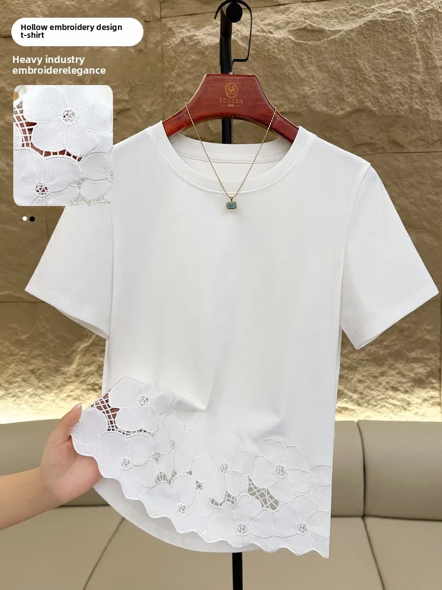 T-shirt a maniche corte in pizzo ricamato 3D con cut-out bianco francese chic da donna 2025 Top estivo slim fit casual versatile M-3XL