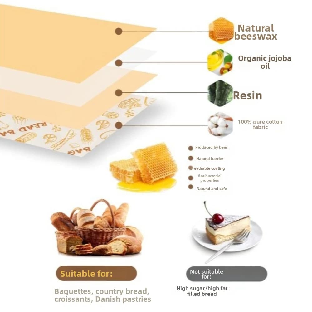 New Reusable Beeswax Bread Bags Beeswax Coated Zipper Closure Bread Storage Bags 43*33cm Cotton Sourdough Bag Freezer Use
