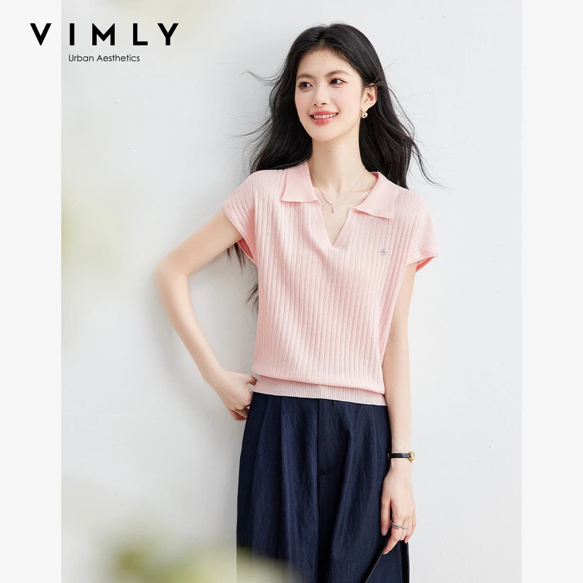 VIMLY Women's Gentle Commuter Knitted T-shirt 2026 Summer New Elegant Polo Collar Thin Pit Strip Pink Short Sleeve Top 75389