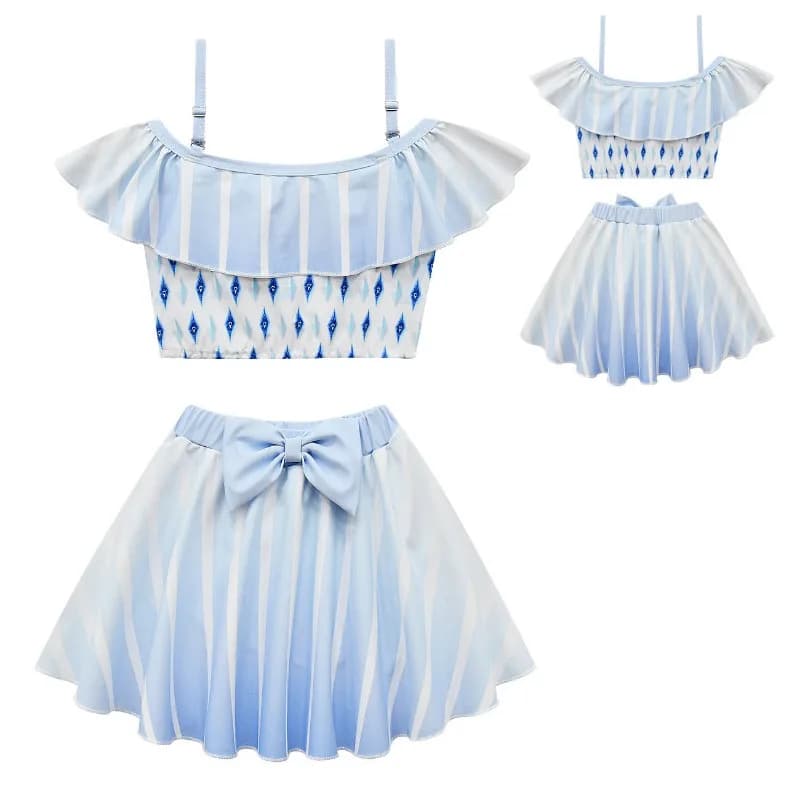 Set Costume da Bagno per Bambine 2 Pezzi, Stile Principessa, Top Senza Spalline, Gonna Corta e Cuffia da Nuoto, Set 3 Pezzi