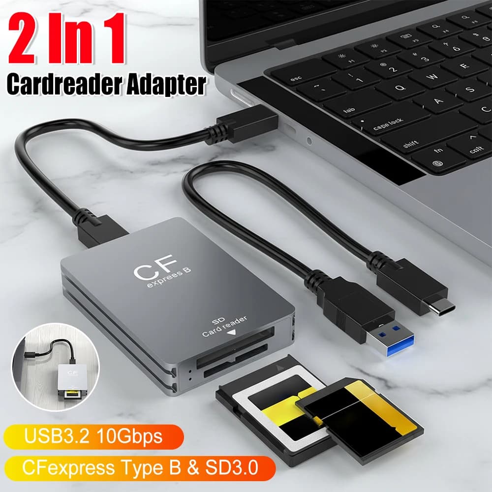 2 in 1 CFexpress Type B&SD Card Reader CFexpress Reader Adapter USB 3.2 10Gbps Dual-Slot with USB C To USB C/A Cable for SLR